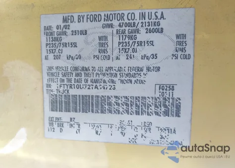 2002 Ford Ranger Edge/Xl/Xlt from USA, damaged, VIN 1FTYR10U72TA54723